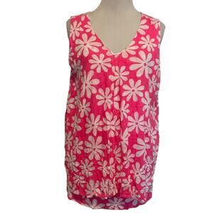 Lulu-B Floral Tank Womens Medium Neon Pink & White Daisy V-Neck Sleeveless Top